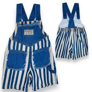 Vintage Toddler Boys Blue Striped Denim Fringe Short Overalls Romper Outfit 2T